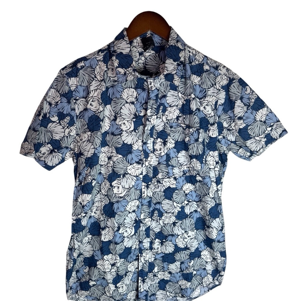 Disney The Little Mermaid Tiki Shirt Blue Small Flounder Sebastian Hawaiian